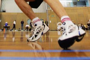 Players do the beep test at the national AFL draft camp.