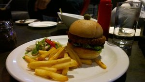 Vegetarian (Veggie) Burger with Bean Patty and French Fries.