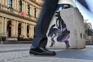 Bourke street Mall, Melbourne - Artwork on bollards which have been placed on footpaths to protect pedestrians. 6th July ...