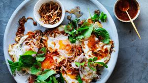 Fried eggs with nahm jim.