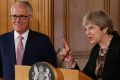 Malcolm Turnbull with Theresa May at a Downing Street press conference.