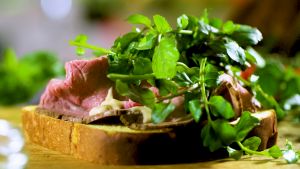 Roast beef, horseradish and watercress sandwich.