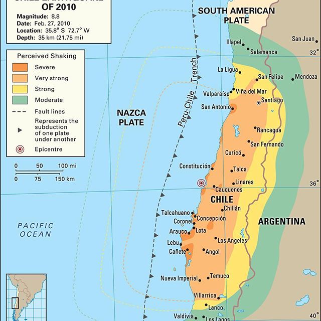 Early in the morning on February 27, 2010, a magnitude 8.8 #earthquake struck #chile. The earthquake was followed by hundreds of #aftershocks as well as a #tsunami, ultimately leading to more than 500 deaths in the region. 
The epicentre was about 200 miles southwest of Santiago, Chile, but the earthquake was felt as far away as Sao Paolo, Brazil, and Buenos Aires, Argentina. 
To learn more about this #naturaldisaster read Britannica’s article: https://www.britannica.com/event/Chile-earthquake-of-2010

Image credit: Kenny Chmielewski, Encyclopedia Britannica, INC.

#southamerica #map
#chileanearthquake #seismology #earthscience