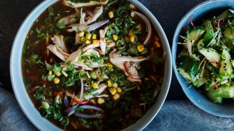 Chicken soup with cucumber and sesame salad.