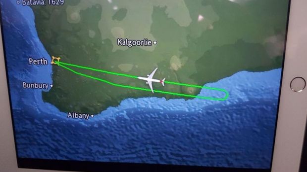 The flight path of the plane after a disruptive passenger caused it to head back to Perth.