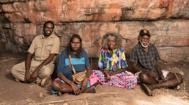 Traditional owners Simon Mudjandi, Rosie Mudjandi, May Nango and Mark Djanjomerr at the rock shelter.