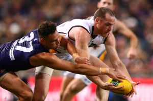 Mine, no mine: Michael Johnson and Jarryd Roughead battle for the ball in Hawthorn’s win on Saturday. 