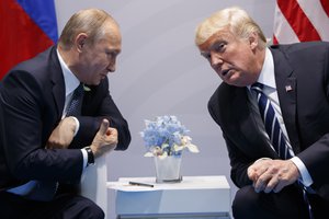 President Donald Trump meets with Russian President Vladimir Putin at the G20 Summit, Friday, July 7, 2017, in Hamburg.