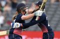 England's Anya Shrubsole (left) and Jenny Gunn celebrate the winning runs.