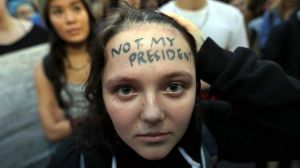 Clair Sheehan takes part in a protest against the election of President-elect Donald Trump in Seattle.