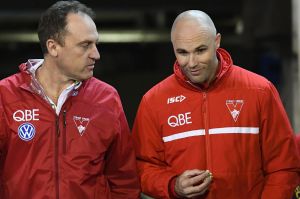 Swans coach John Longmire with Tom Harley, who will become the club's CEO at the end of next year.