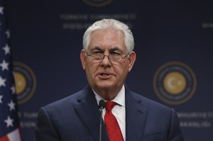 U.S. Secretary of State Rex Tillerson, talks during a joint news conference with Turkey's Foreign Minister Mevlut Cavusoglu, following their meeting in Ankara, Turkey, Thursday, March 30, 2017.