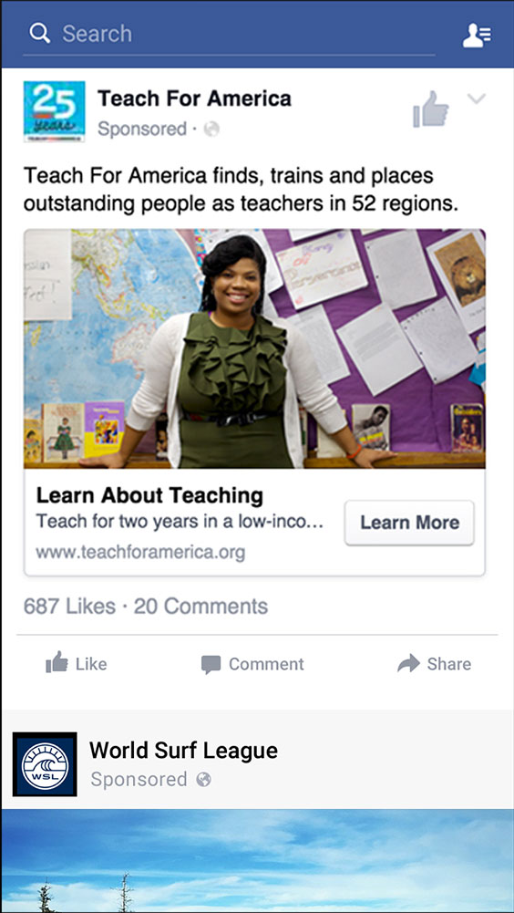 A mobile Facebook Ad example from Teach for America using lead ad objective