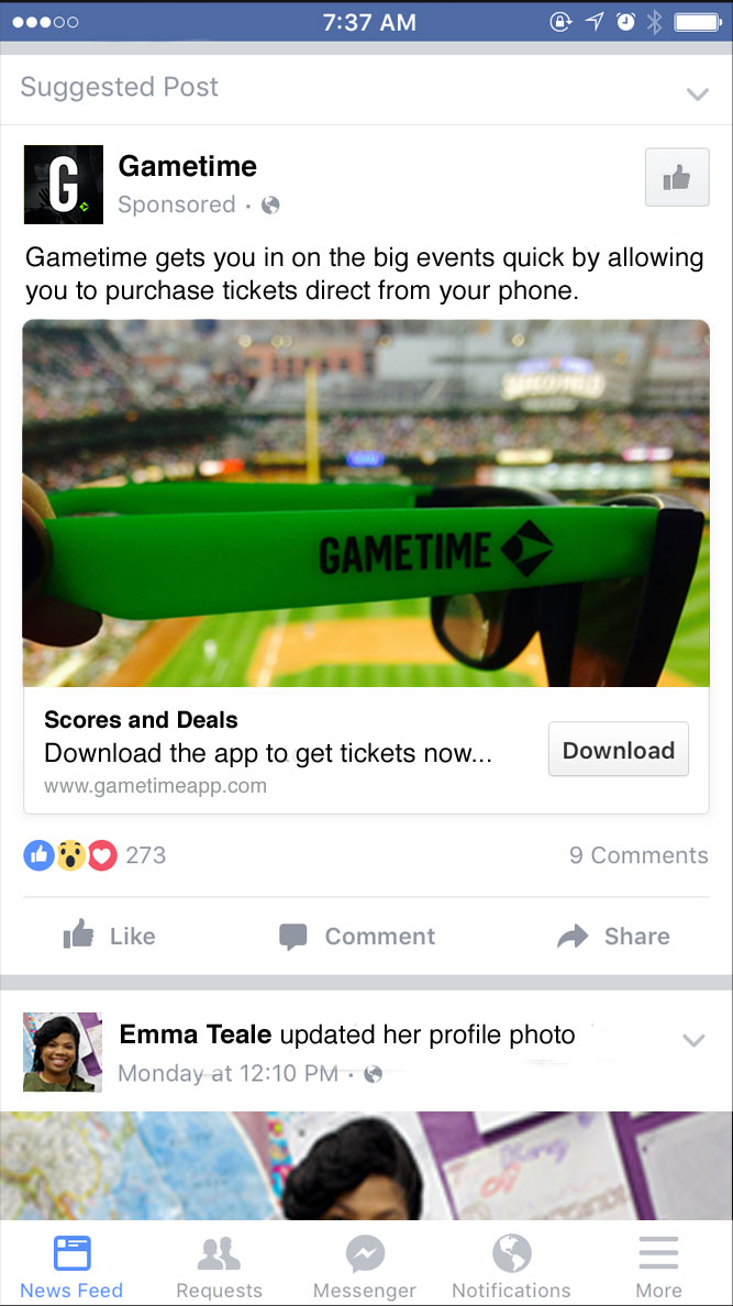 A mobile Facebook Ad example from Gametime using Mobile app install objective