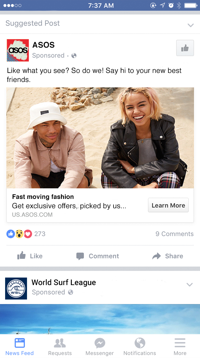 A mobile Facebook Ad example from ASOS using dynamic ad objective