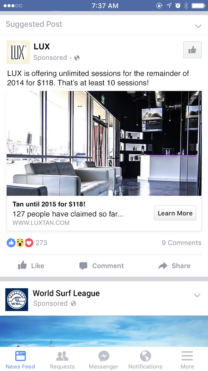 A mobile Facebook Ad example from Lux using video views ad objective