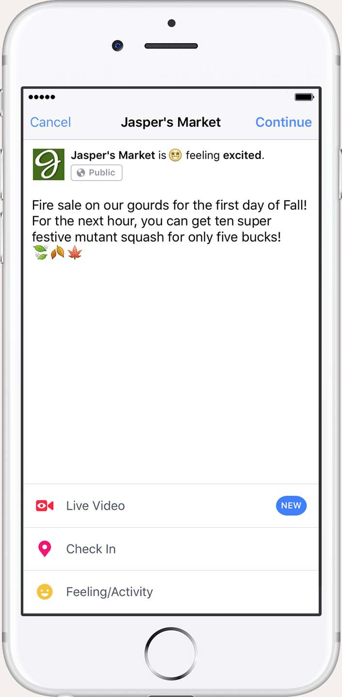 Facebook Page mobile interface: creating a post