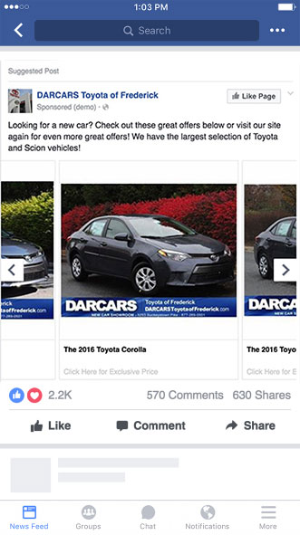 Example of a Facebook dynamic ad from DASCARS on mobile