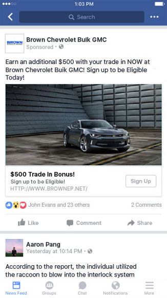 Example of a mobile Facebook ad from Brown Chevy