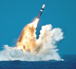 File - Trident Missile launch:The Trident missile is an intercontinental ballistic missile (ICBM) which is armed with nuclear warheads and is launched from submarines (SSBNs), making it a SLBM.