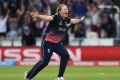 Anya Shrubsole of England celebrates after taking the final India wicket.