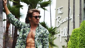 Hotel Martinique Banana Leaf Men's Pajamas worn by Hugh Sheridan, exclusively for the Beverly Hills Hotel.