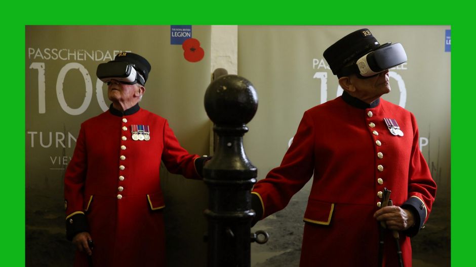 LONDON, ENGLAND - JULY 25: Chelsea Pensioners Bill Hunt, 83, (left), and John Kidman, 87, pose wearing VR (virtual ...