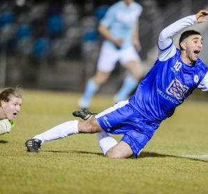 Belconnen United v Canberra Olympic. Belconnen United keeper Finn Jurak earns a yellow card for fouling Olympic's ...