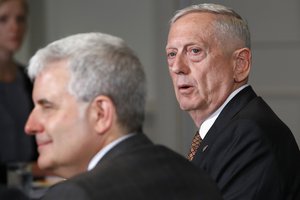 Defense Secretary Jim Mattis answers questions from the media during his meeting with British Defense Minister Michael Fallon, at the Pentagon, Friday, July 7, 2017.