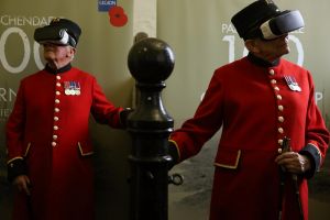 LONDON, ENGLAND - JULY 25: Chelsea Pensioners Bill Hunt, 83, (left), and John Kidman, 87, pose wearing VR (virtual ...