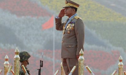 Chief Senior General Min Aung Hlaing, commander in chief of the Myanmar armed forces, salutes during a ceremony to mark the 71st Armed Forces Day in Myanmar's capital Naypyidaw on March 27, 2016. Photo: AFP/Aung Htet