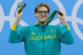 Australia's gold medal winner Mack Horton celebrates on the podium during the 2016 Summer Olympics.