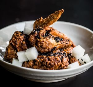 Back in town: Shrimp-brined fried chicken.