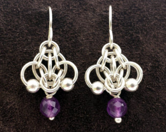 Hotaru Chainmail Earrings - Sterling Silver with Amethyst