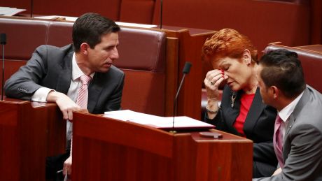 Minister for Education and Training Simon Birmingham during discussions with Senator Pauline Hanson in the Senate at ...