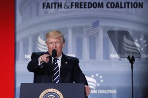 President Donald Trump speaks to a Faith and Freedom conference at the Omni Shoreham Hotel, Thursday, June 8, 2017, in Washington.