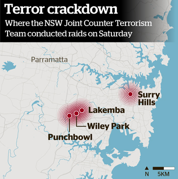 map showing raids on Saturday