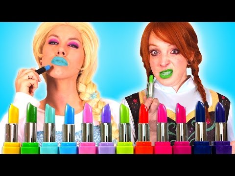 Frozen Elsa & Anna LIPSTICK CHALLENGE! w/ Spiderman Joker Maleficent Candy! Superhero Fun