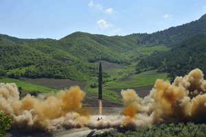 FILE- This photo on July 4, 2017, distributed by the North Korean government shows what was said to be the launch of a Hwasong-14 intercontinental ballistic missile, ICBM, in North Korea's northwest.