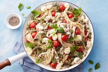 Chicken and kalette pesto linguine