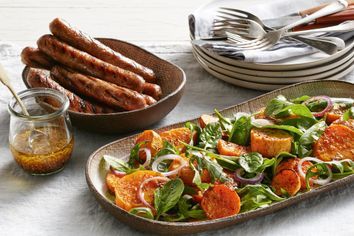 Curtis Stone's chargrilled sausages with sweet potato salad