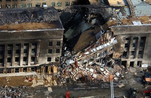 An aerial view of the destruction at the Pentagon caused by an al-Qaida terrorist attack on the morning of Tuesday, September 11, 2001.