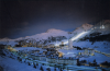 Vue panoramique de la station de Sestrières avec piste illuminée