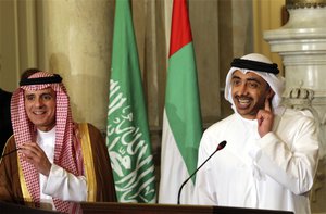 Saudi Foreign Minister Adel al-Jubeir, left, gives a joint press conference with United Arab Emirates Foreign Minister Abdullah bin Zayed al-Nahyan, and their Egyptian and Bahraini counterparts, to discuss the diplomatic situation with Qatar, in Cairo, Egypt, Wednesday, July 5, 2017.