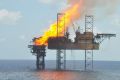 A wellhead platform on fire in the Montara oil field on  November 2, 2009. 