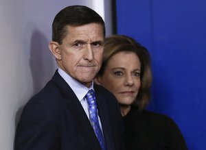 This Feb. 1, 2017, file photo shows then National Security Adviser Michael Flynn, joined by K.T. McFarland, deputy national security adviser, during the daily news briefing at the White House, in Washington.