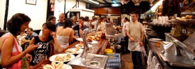 Pinxtos are served on the bar in San Sebastian, Spain.