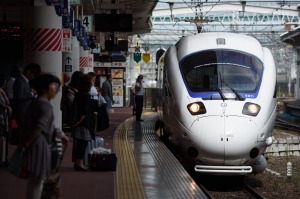 A 885 series Kamome limited express service train arrives at Hakata Station in Fukuoka.