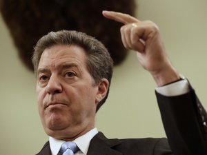 Kansas Gov. Sam Brownback talks to the media during a news conference Thursday, July 27, 2017, in Topeka, Kan.