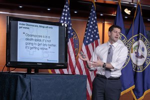 Speaker of the House Paul Ryan, R-Wis., uses charts and graphs to make his case for the GOP’s long-awaited plan to repeal and replace the Affordable Care Act, during a news conference on Capitol Hill in Washington, Thursday, March 9, 2017.